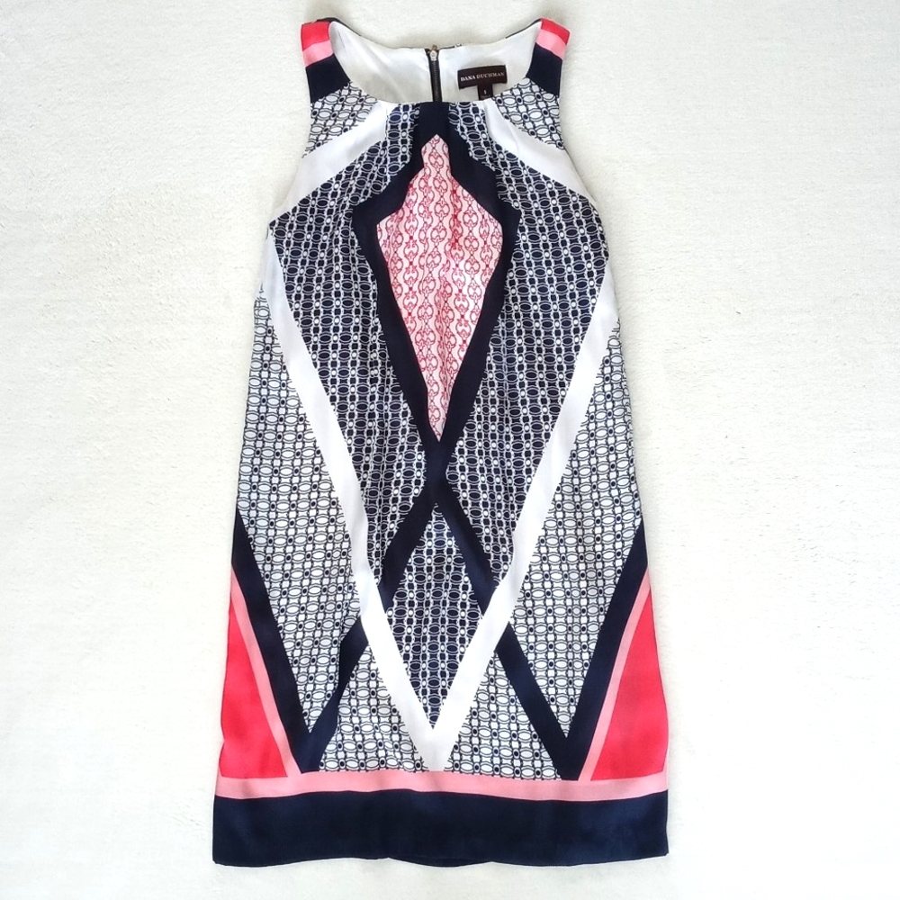 Dana Buchman Women's White, Navy Blue & Pink Avant Garde Sleeveless Dress S